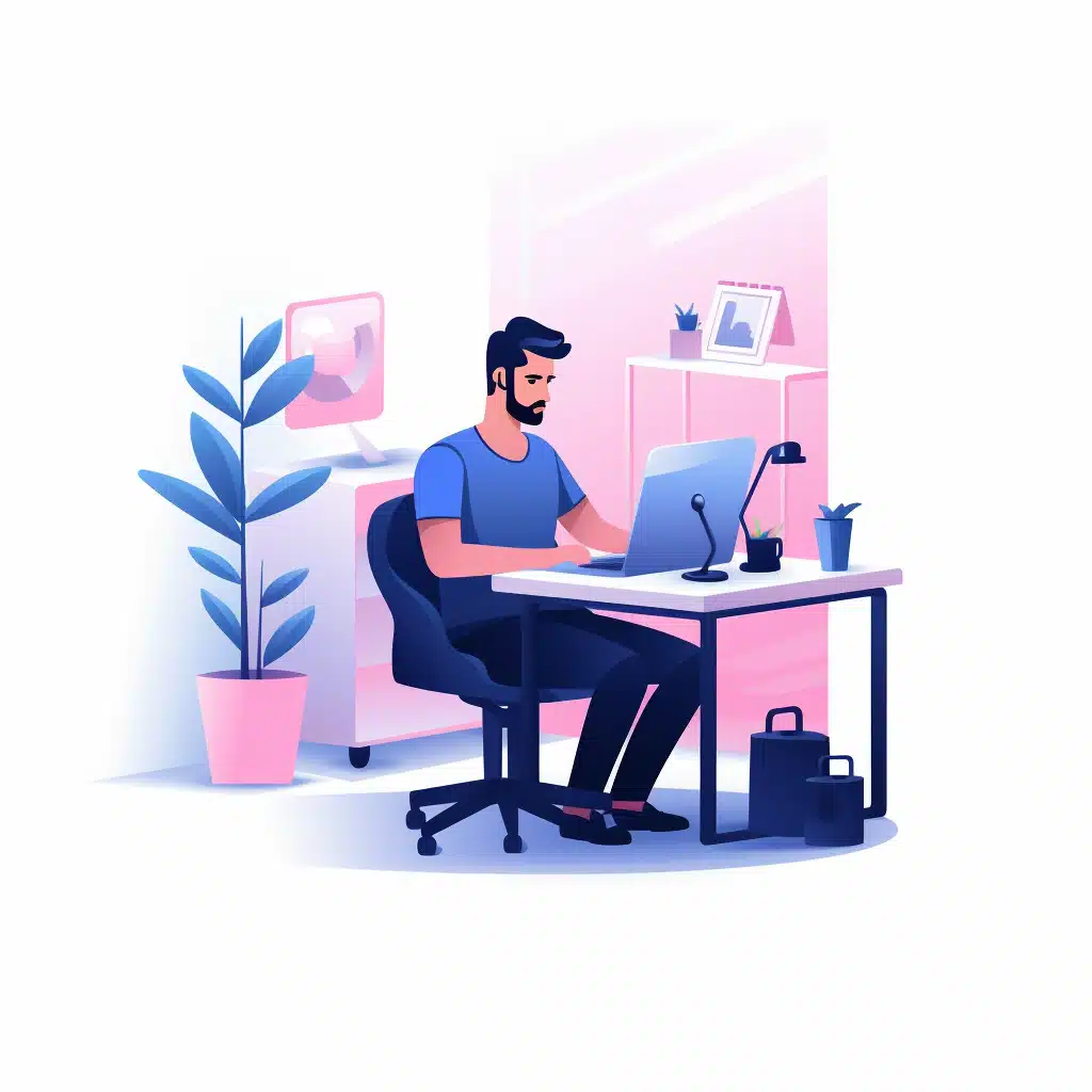 a man works alone on his laptop at a single desk. There is a plant to his left. The image is in a flat vector style.