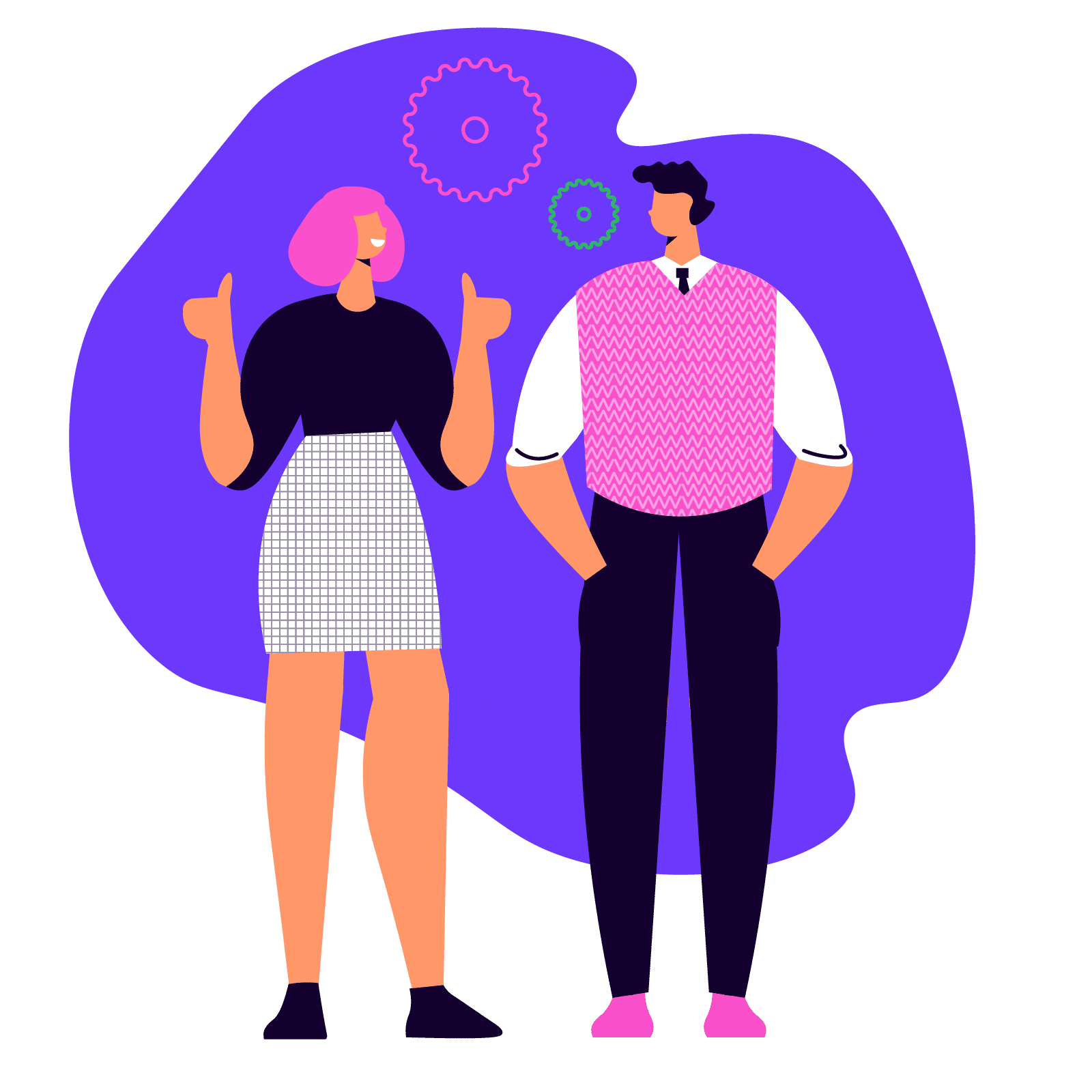 Two characters, a male and female, standing in front of a purple square