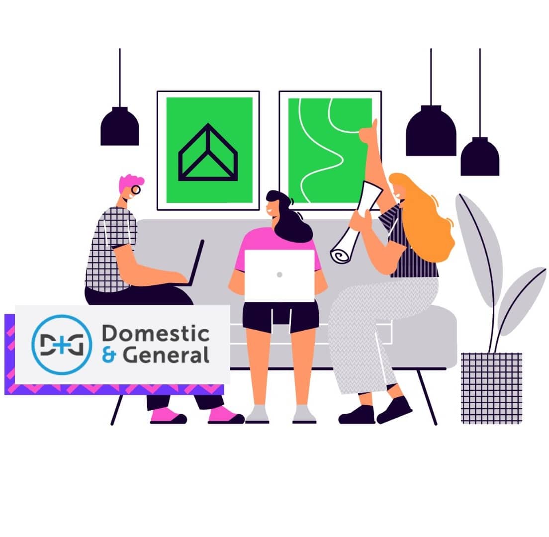Image of three people sitting around a laptop. The copy reads Domestic and General